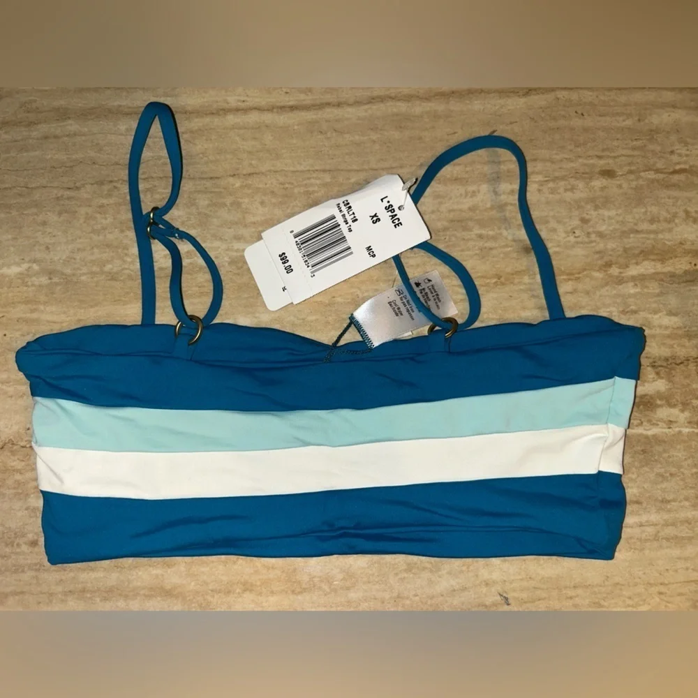 L*Space Rebel Stripe Bikini Top Blue Green Size XS
